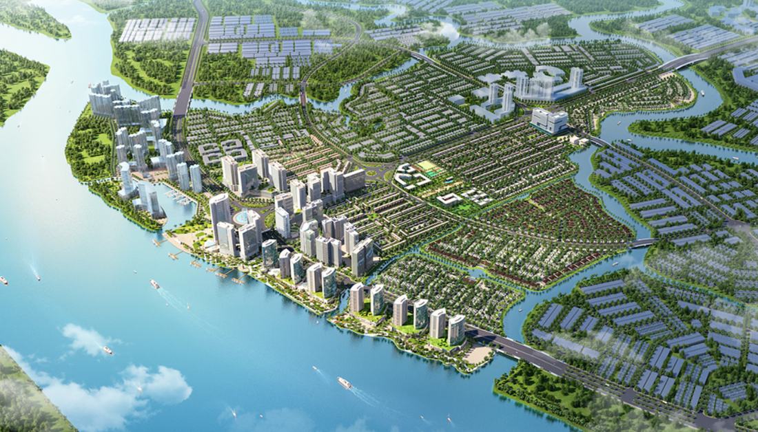 Masterplan view of a riverside township of high-rise and low-rise housing