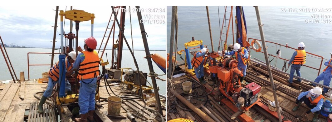 Offshore CPTu testing rigs on a work platform in Vietnam